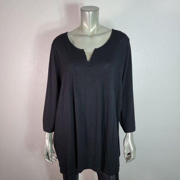 Catherines Top Plus Size 2X 22/24W V-Neck 3/4 Sleeve Stretch Cotton Black - Picture 2 of 6